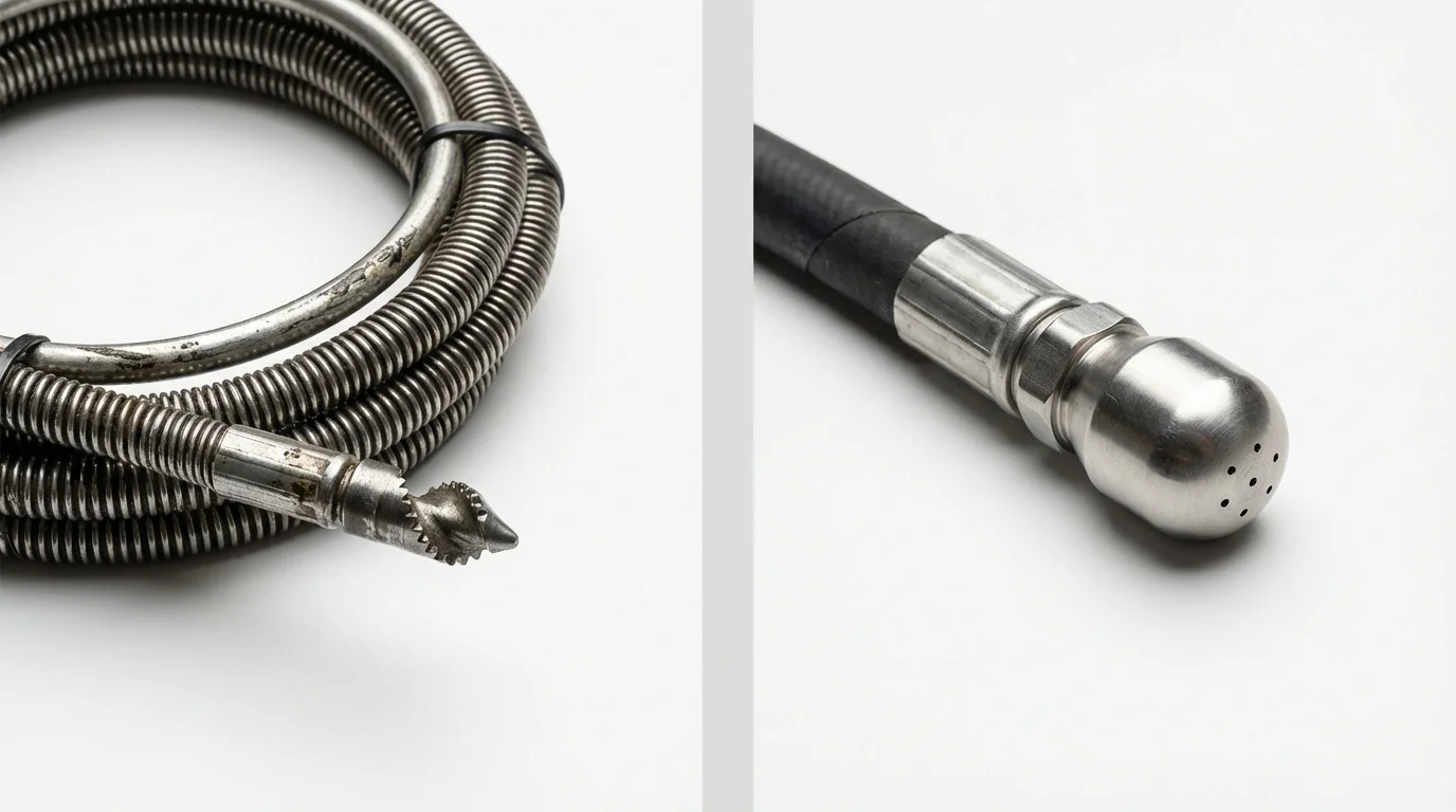 Drain snake cable and hydro jetting nozzle used for drain cleaning in Monroe, WI