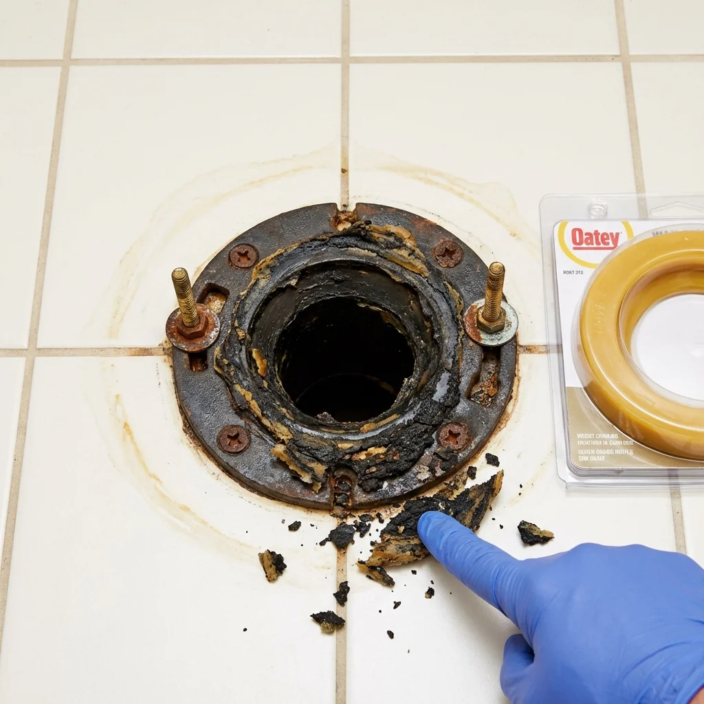 Failed wax ring showing water seepage at the base of a toilet in a Monroe, WI home