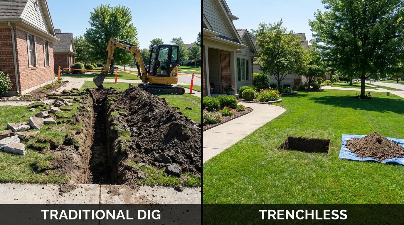 Trenchless sewer repair with minimal yard damage versus traditional excavation in Monroe, WI